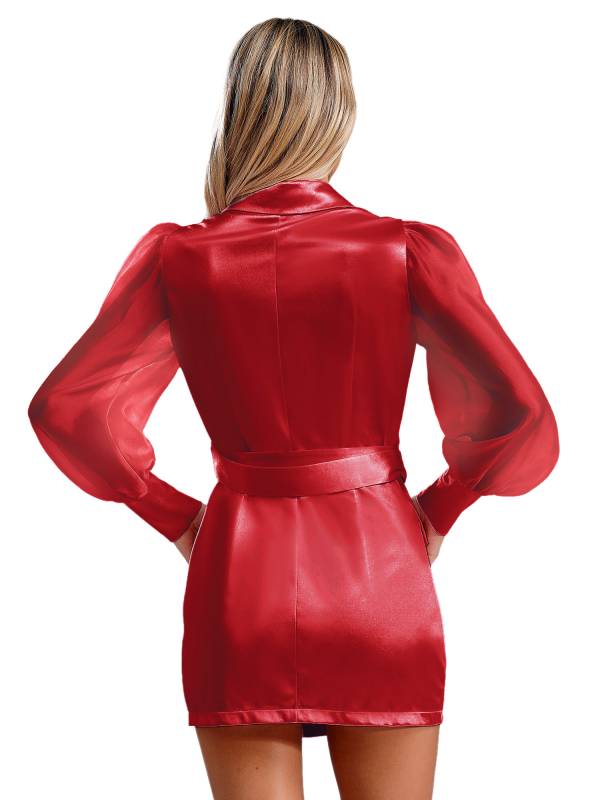 Women Long Sleeve Lapel V-neck Bodycon Suit Dress with Belt thumb
