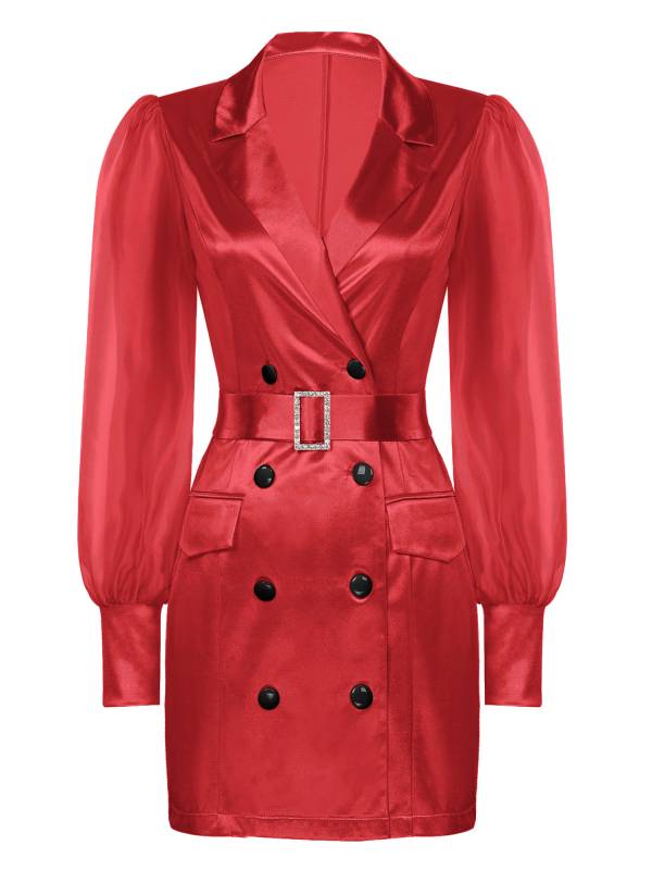 Women Long Sleeve Lapel V-neck Bodycon Suit Dress with Belt thumb