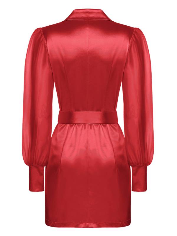 Women Long Sleeve Lapel V-neck Bodycon Suit Dress with Belt thumb