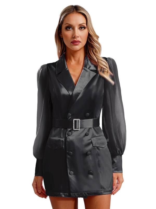 Women Long Sleeve Lapel V-neck Bodycon Suit Dress with Belt thumb