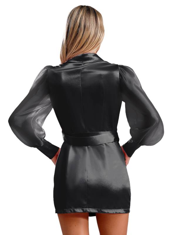 Women Long Sleeve Lapel V-neck Bodycon Suit Dress with Belt thumb