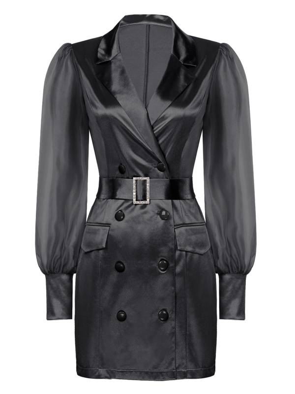 Women Long Sleeve Lapel V-neck Bodycon Suit Dress with Belt thumb