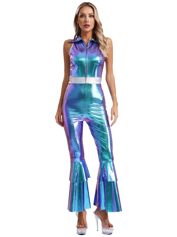 Women Metallic Sleeveless Lapel Disco Dance Jumpsuit thumb