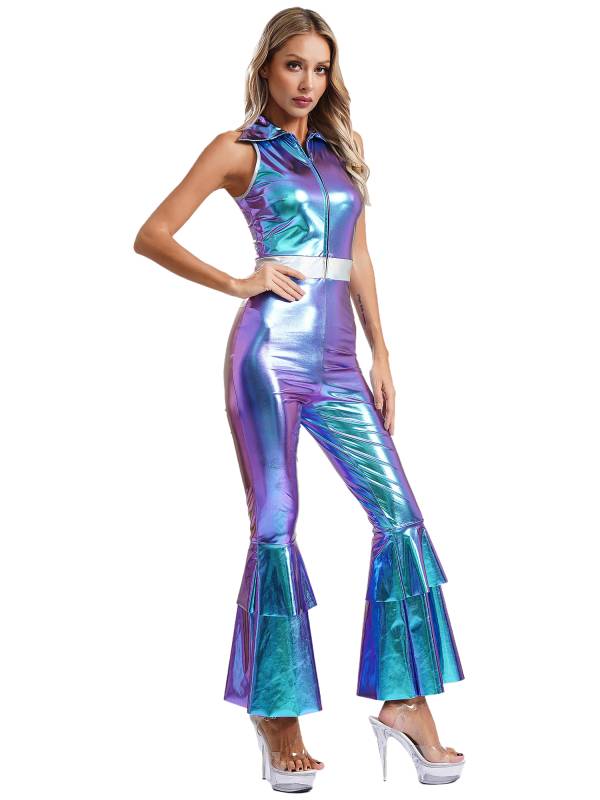 Women Metallic Sleeveless Lapel Disco Dance Jumpsuit thumb
