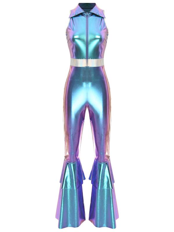 Women Metallic Sleeveless Lapel Disco Dance Jumpsuit thumb