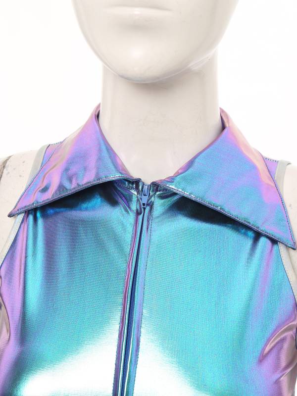 Women Metallic Sleeveless Lapel Disco Dance Jumpsuit thumb