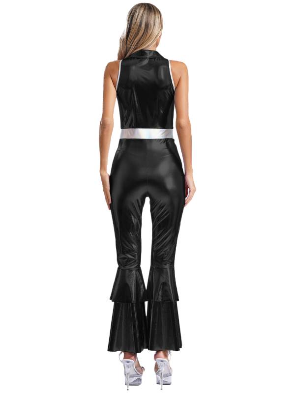 Women Metallic Sleeveless Lapel Disco Dance Jumpsuit thumb