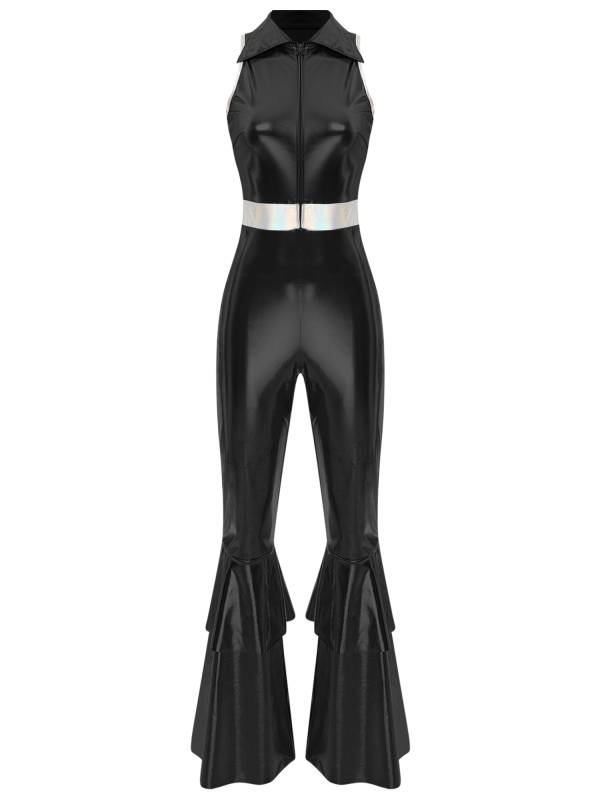 Women Metallic Sleeveless Lapel Disco Dance Jumpsuit thumb