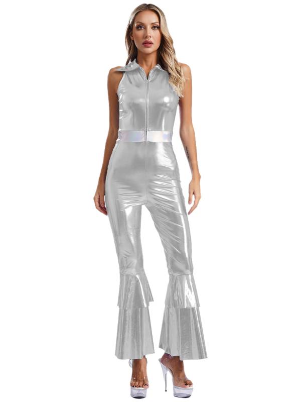 Women Metallic Sleeveless Lapel Disco Dance Jumpsuit thumb