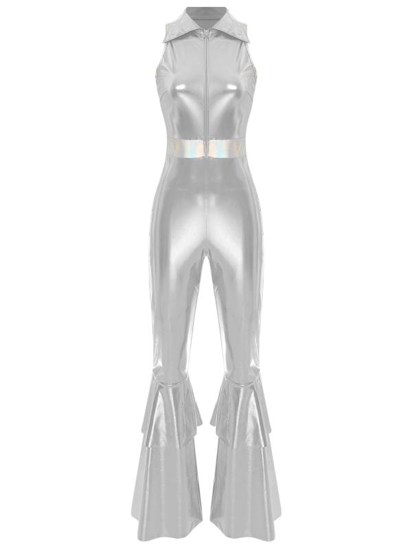 Women Metallic Sleeveless Lapel Disco Dance Jumpsuit thumb