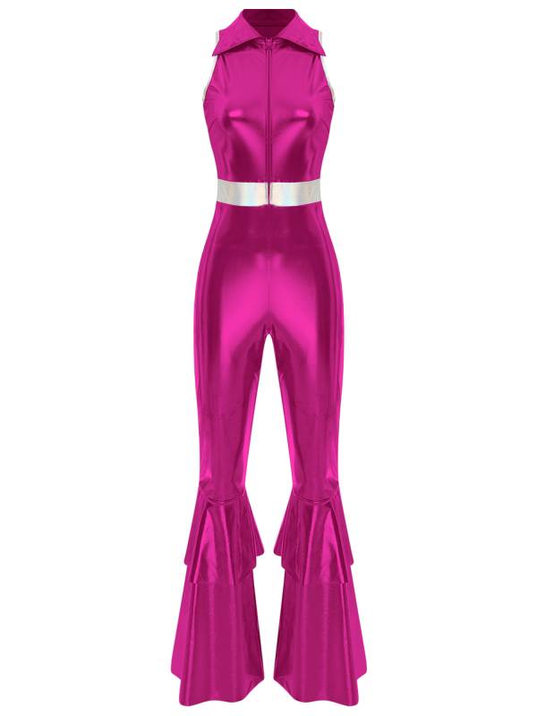 Women Metallic Sleeveless Lapel Disco Dance Jumpsuit thumb