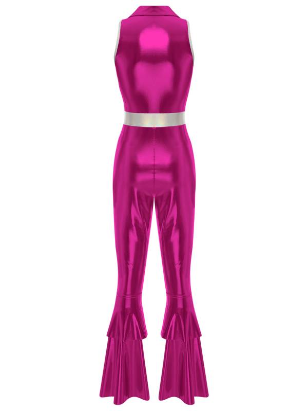 Women Metallic Sleeveless Lapel Disco Dance Jumpsuit thumb
