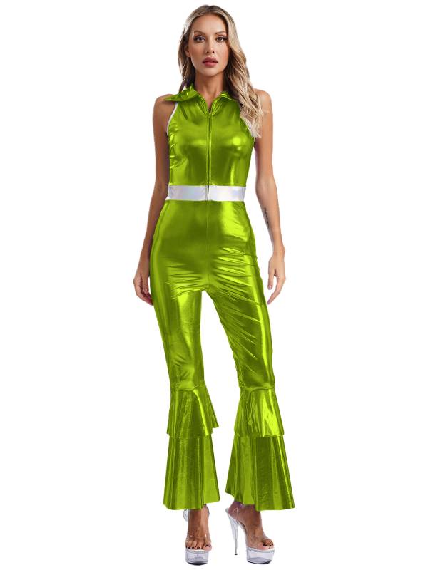 Women Metallic Sleeveless Lapel Disco Dance Jumpsuit thumb