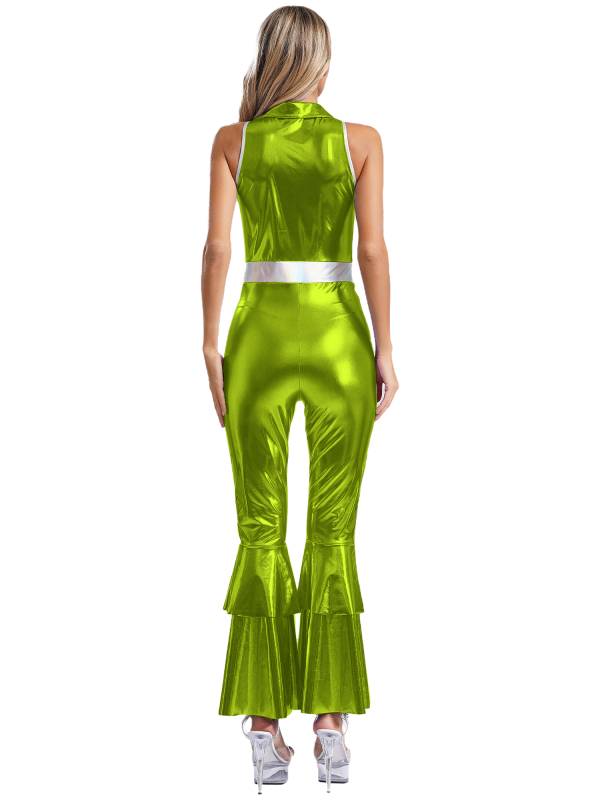 Women Metallic Sleeveless Lapel Disco Dance Jumpsuit thumb