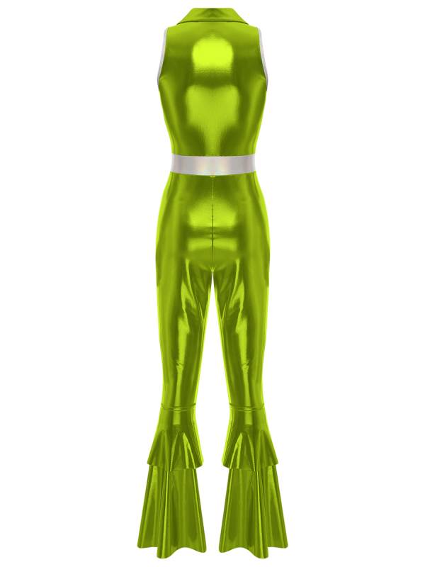 Women Metallic Sleeveless Lapel Disco Dance Jumpsuit thumb