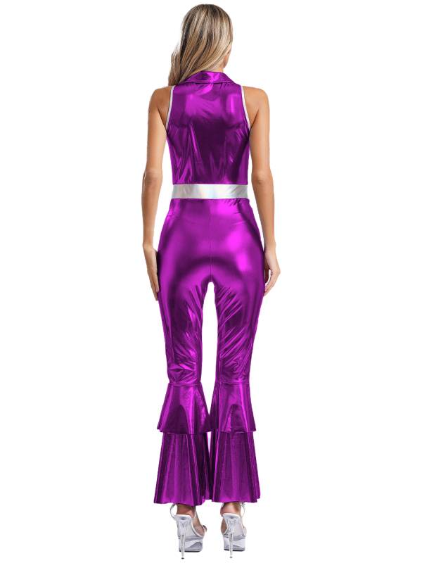 Women Metallic Sleeveless Lapel Disco Dance Jumpsuit thumb