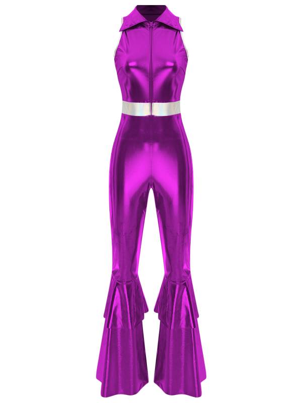 Women Metallic Sleeveless Lapel Disco Dance Jumpsuit thumb