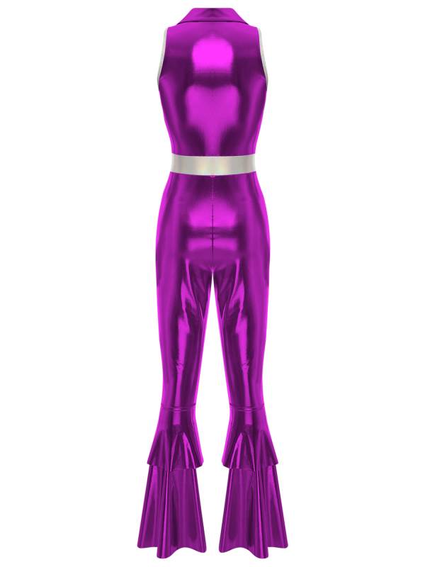 Women Metallic Sleeveless Lapel Disco Dance Jumpsuit thumb
