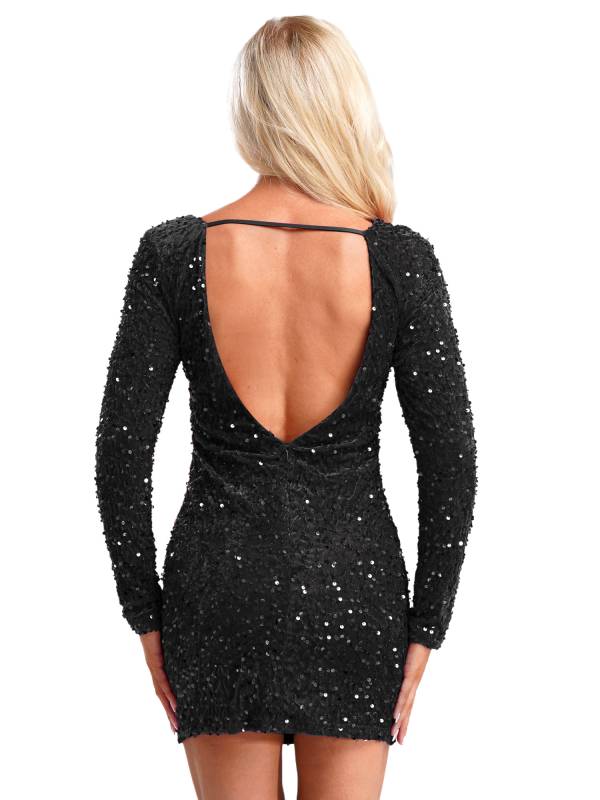 Women Long Sleeve Backless Sequin Bodycon Dress for Cocktail thumb