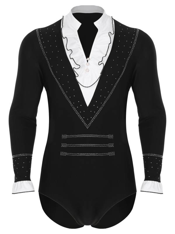 Men Long Sleeve Ruffled Collar Rhinestone Dance Leotard thumb