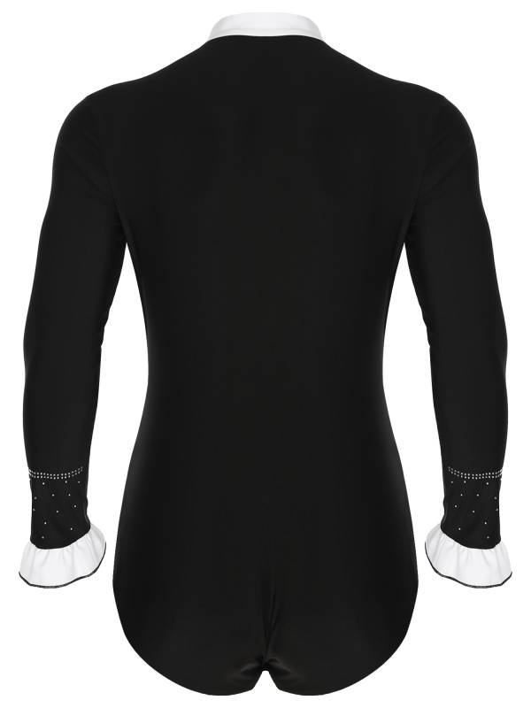 Men Long Sleeve Ruffled Collar Rhinestone Dance Leotard thumb
