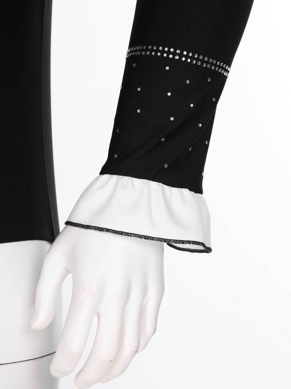 Men Long Sleeve Ruffled Collar Rhinestone Dance Leotard thumb