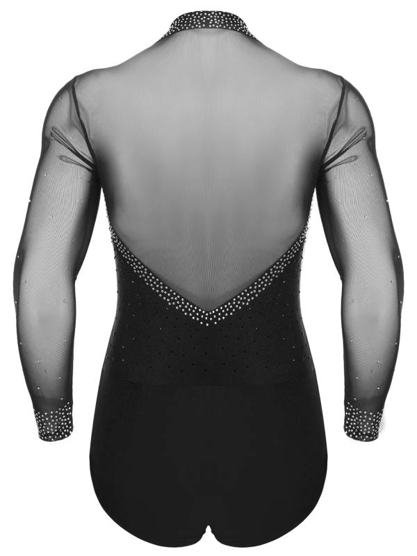 Men Lapel Collar Long Sleeve Sheer Mesh Rhinestone Latin Dance Leotard thumb