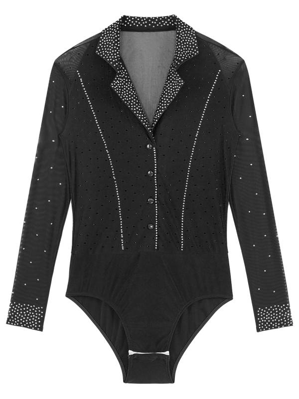 Men Lapel Collar Long Sleeve Sheer Mesh Rhinestone Latin Dance Leotard thumb