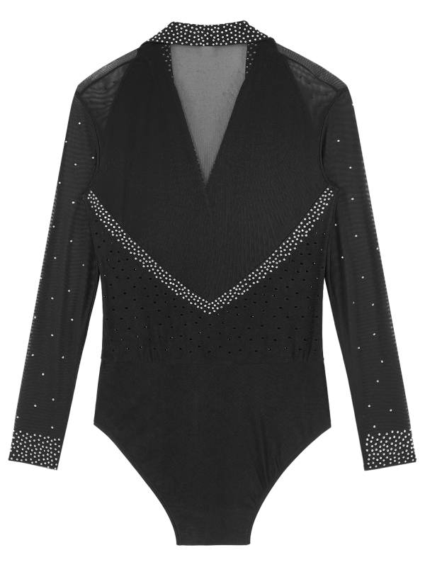 Men Lapel Collar Long Sleeve Sheer Mesh Rhinestone Latin Dance Leotard thumb