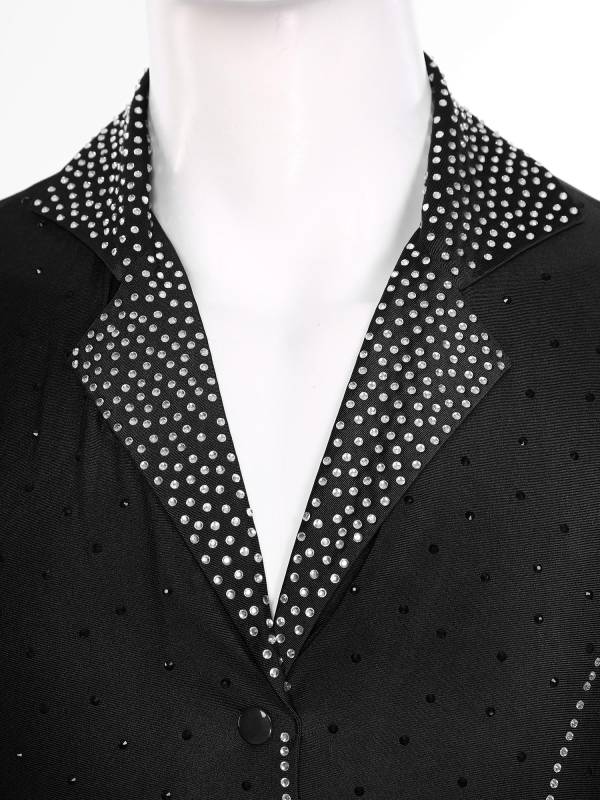 Men Lapel Collar Long Sleeve Sheer Mesh Rhinestone Latin Dance Leotard thumb