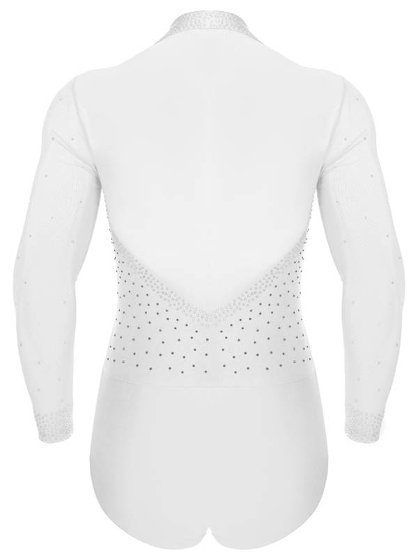 Men Lapel Collar Long Sleeve Sheer Mesh Rhinestone Latin Dance Leotard thumb