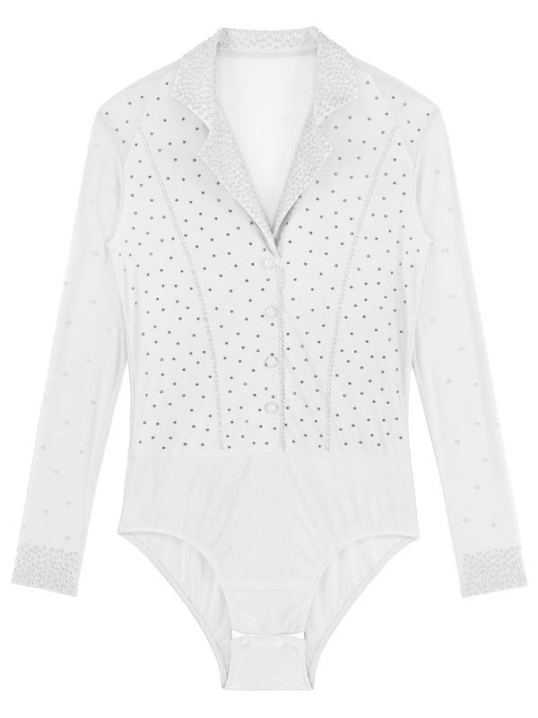 Men Lapel Collar Long Sleeve Sheer Mesh Rhinestone Latin Dance Leotard thumb