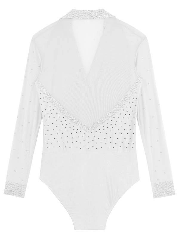 Men Lapel Collar Long Sleeve Sheer Mesh Rhinestone Latin Dance Leotard thumb