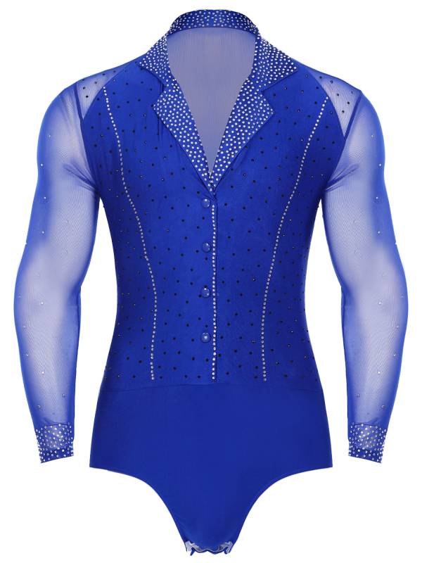 Men Lapel Collar Long Sleeve Sheer Mesh Rhinestone Latin Dance Leotard thumb
