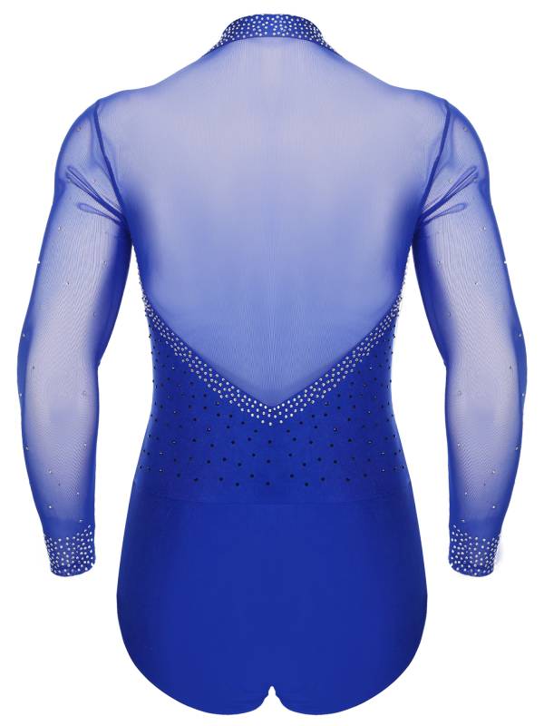 Men Lapel Collar Long Sleeve Sheer Mesh Rhinestone Latin Dance Leotard thumb