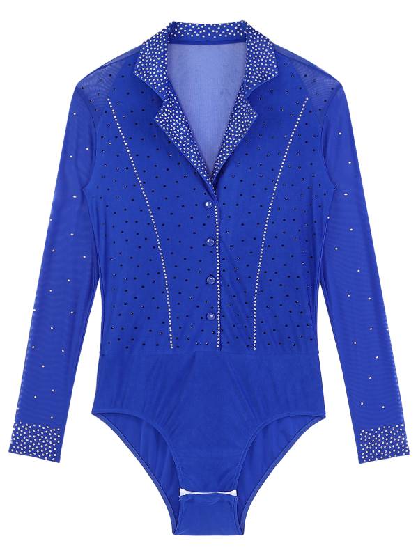 Men Lapel Collar Long Sleeve Sheer Mesh Rhinestone Latin Dance Leotard thumb