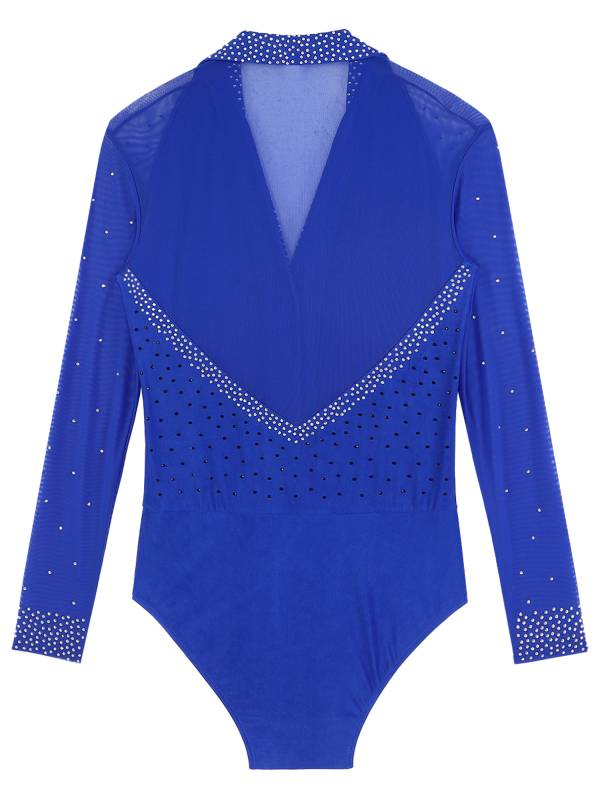 Men Lapel Collar Long Sleeve Sheer Mesh Rhinestone Latin Dance Leotard thumb