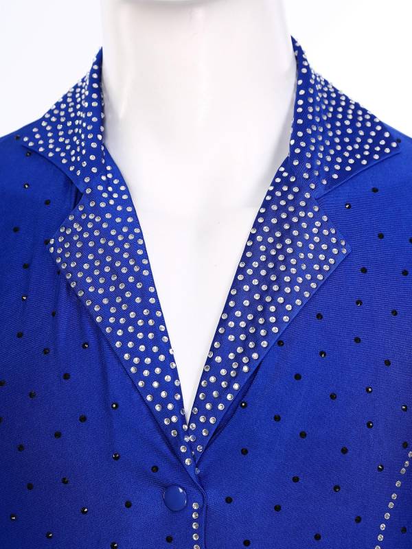Men Lapel Collar Long Sleeve Sheer Mesh Rhinestone Latin Dance Leotard thumb