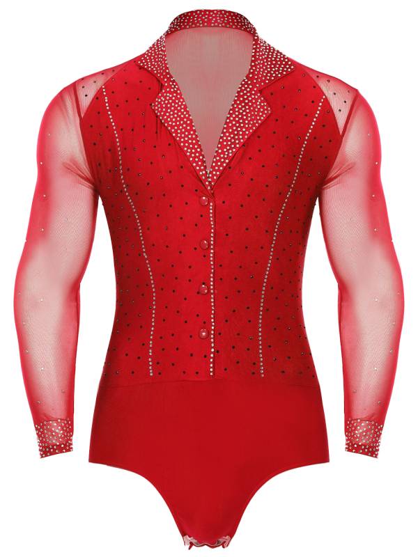 Men Lapel Collar Long Sleeve Sheer Mesh Rhinestone Latin Dance Leotard thumb