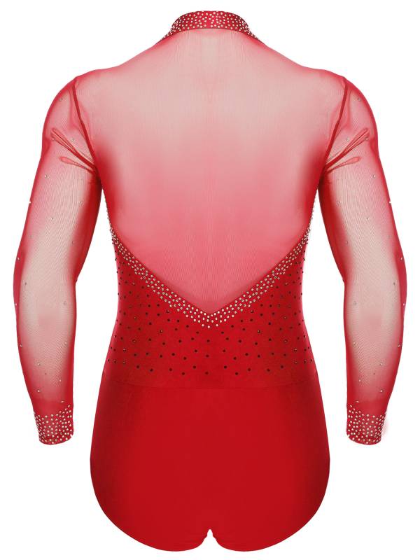 Men Lapel Collar Long Sleeve Sheer Mesh Rhinestone Latin Dance Leotard thumb