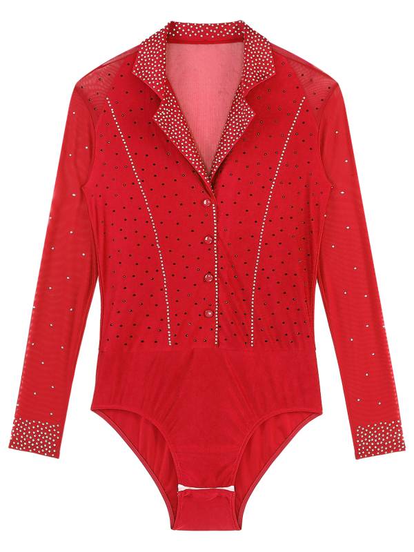 Men Lapel Collar Long Sleeve Sheer Mesh Rhinestone Latin Dance Leotard thumb
