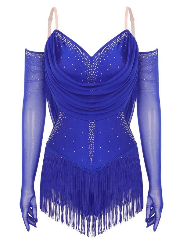 Women V Neck Ruched Mesh Drapes Tassel Latin Dance Leotard with Gloves thumb