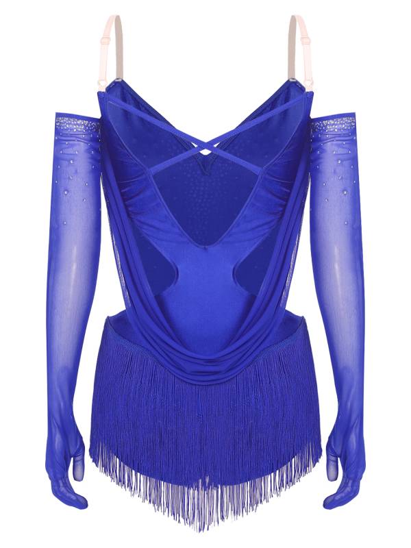 Women V Neck Ruched Mesh Drapes Tassel Latin Dance Leotard with Gloves thumb