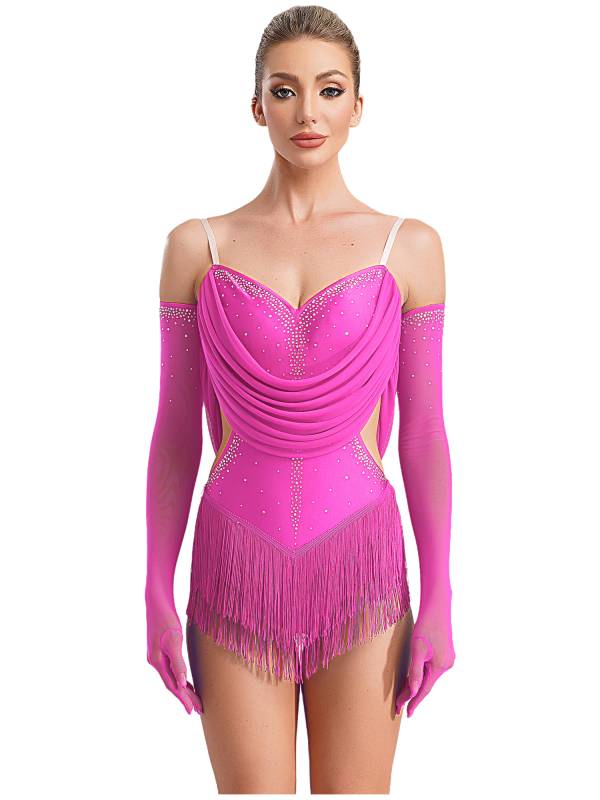 Women V Neck Ruched Mesh Drapes Tassel Latin Dance Leotard with Gloves thumb