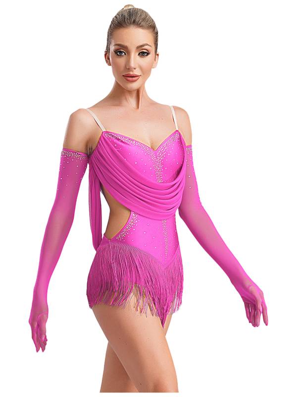 Women V Neck Ruched Mesh Drapes Tassel Latin Dance Leotard with Gloves thumb