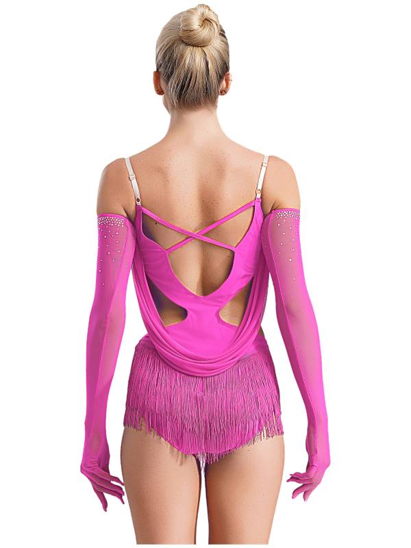 Women V Neck Ruched Mesh Drapes Tassel Latin Dance Leotard with Gloves thumb