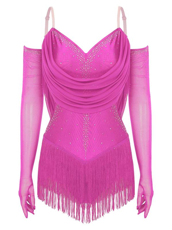 Women V Neck Ruched Mesh Drapes Tassel Latin Dance Leotard with Gloves thumb