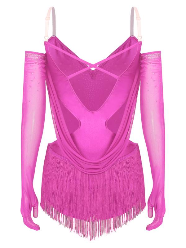 Women V Neck Ruched Mesh Drapes Tassel Latin Dance Leotard with Gloves thumb