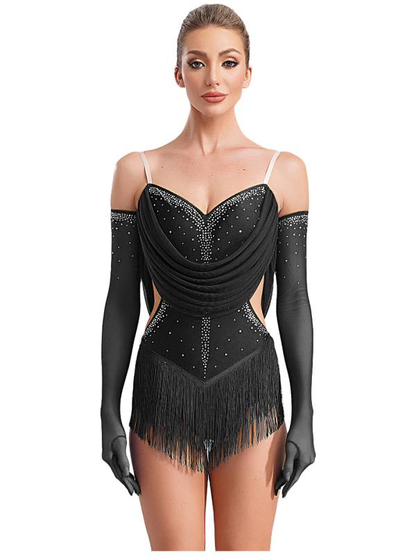 Women V Neck Ruched Mesh Drapes Tassel Latin Dance Leotard with Gloves thumb