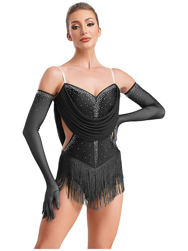 Women V Neck Ruched Mesh Drapes Tassel Latin Dance Leotard with Gloves thumb